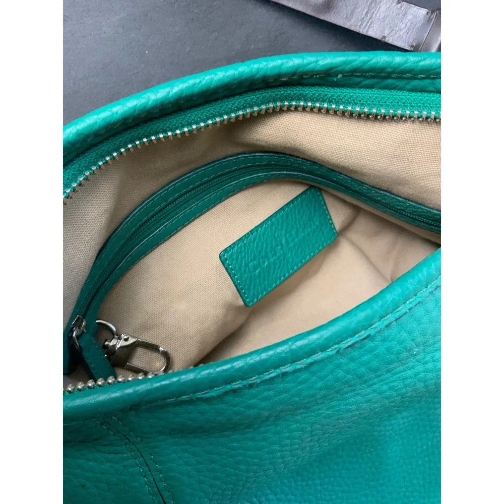 Cole Haan Green Pebbled Leather Hobo Shoulder Bag Emerald Handbag Brown Strap‎
